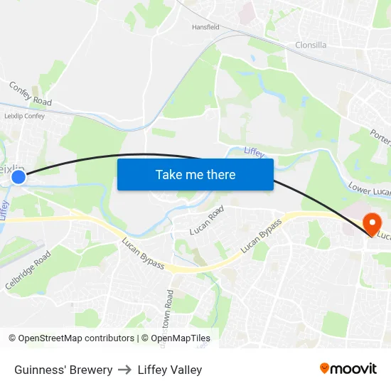 Guinness' Brewery to Liffey Valley map