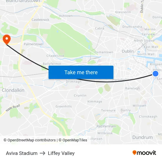Aviva Stadium to Liffey Valley map