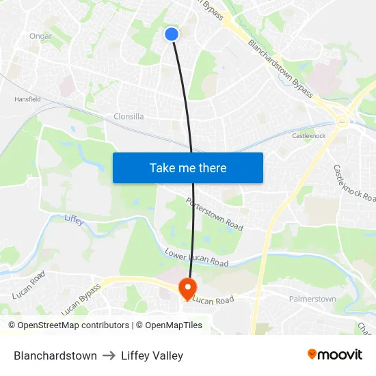 Blanchardstown to Liffey Valley map