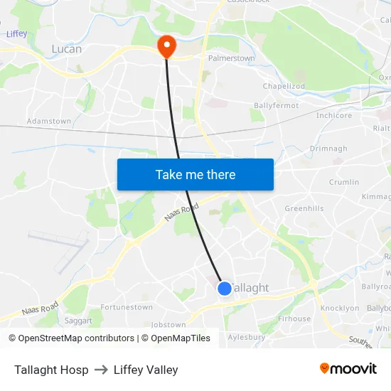 Tallaght Hosp to Liffey Valley map