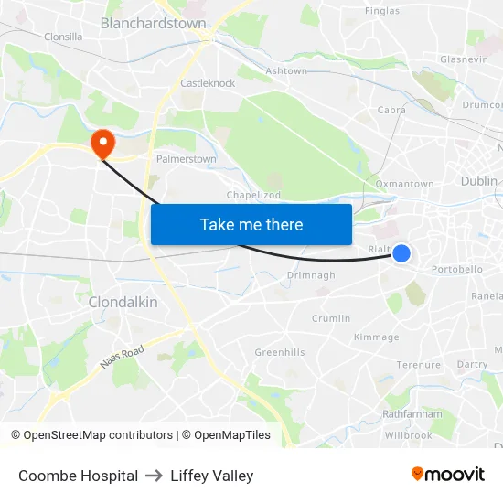 Coombe Hospital to Liffey Valley map