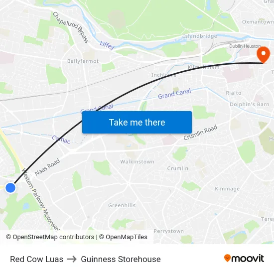 Red Cow Luas to Guinness Storehouse map