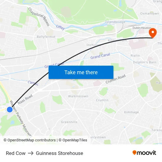 Red Cow to Guinness Storehouse map