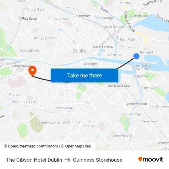 The Gibson Hotel Dublin to Guinness Storehouse map
