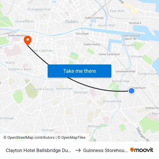 Clayton Hotel Ballsbridge Dublin to Guinness Storehouse map