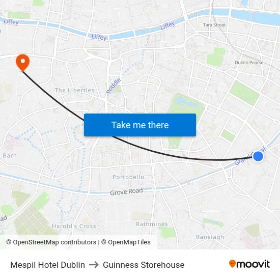 Mespil Hotel Dublin to Guinness Storehouse map