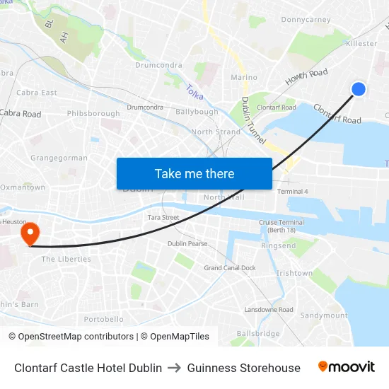 Clontarf Castle Hotel Dublin to Guinness Storehouse map
