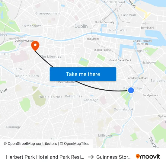 Herbert Park Hotel and Park Residence Dublin to Guinness Storehouse map