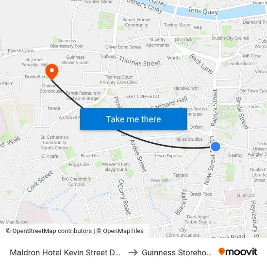 Maldron Hotel Kevin Street Dublin to Guinness Storehouse map