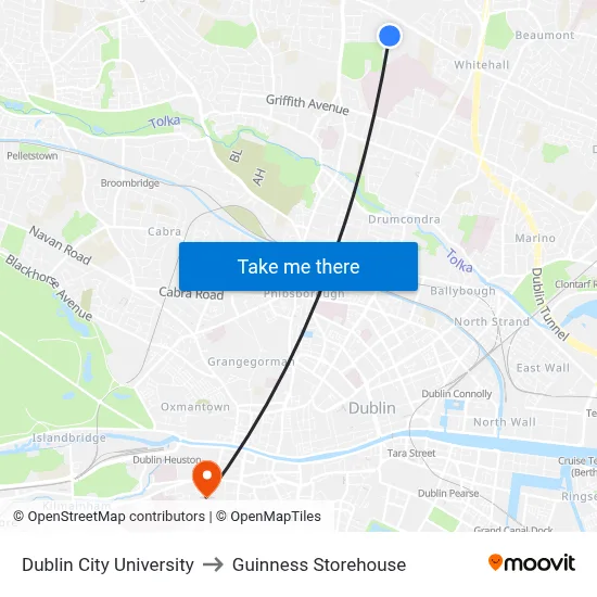 Dublin City University to Guinness Storehouse map