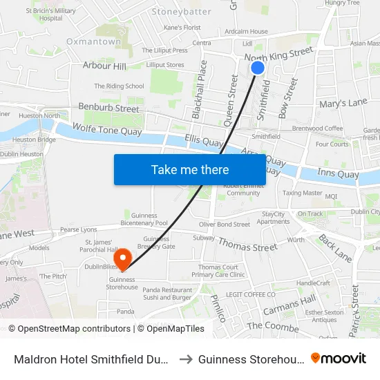 Maldron Hotel Smithfield Dublin to Guinness Storehouse map