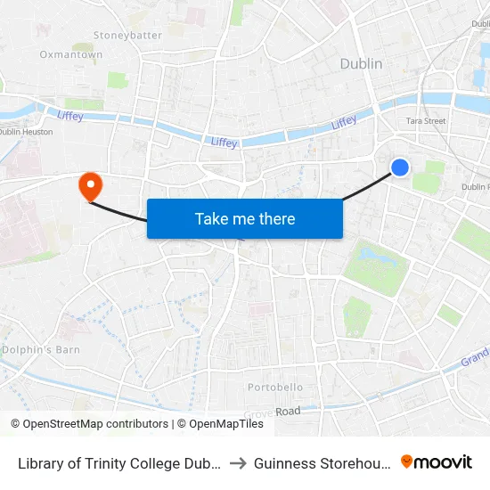 Library of Trinity College Dublin to Guinness Storehouse map
