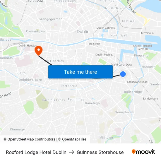 Roxford Lodge Hotel Dublin to Guinness Storehouse map