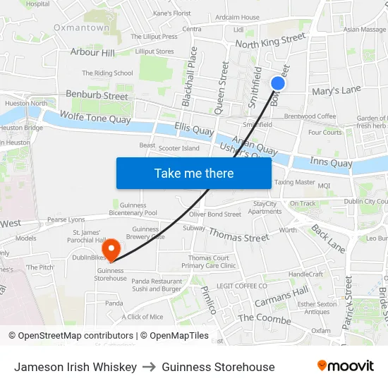 Jameson Irish Whiskey to Guinness Storehouse map