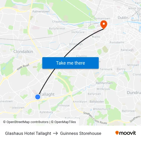 Glashaus Hotel Tallaght to Guinness Storehouse map