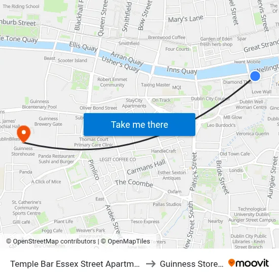 Temple Bar Essex Street Apartments Dublin to Guinness Storehouse map