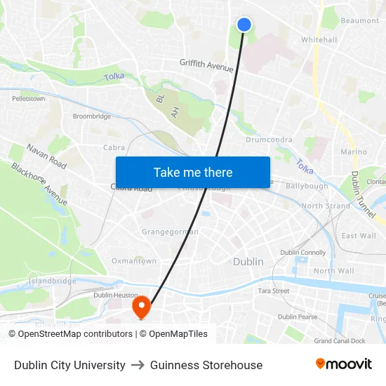 Dublin City University to Guinness Storehouse map