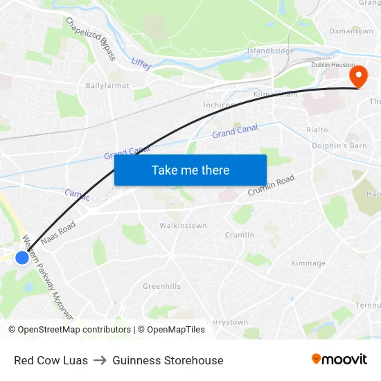 Red Cow Luas to Guinness Storehouse map