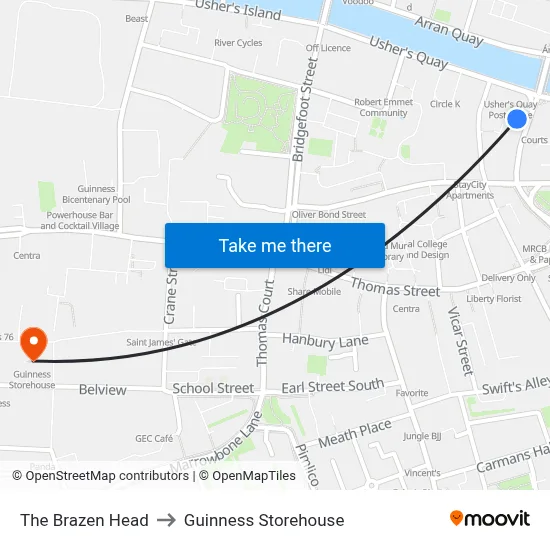 The Brazen Head to Guinness Storehouse map