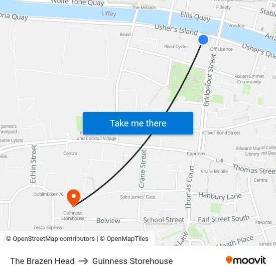 The Brazen Head to Guinness Storehouse map
