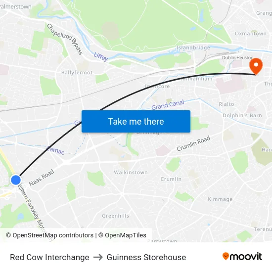 Red Cow Interchange to Guinness Storehouse map