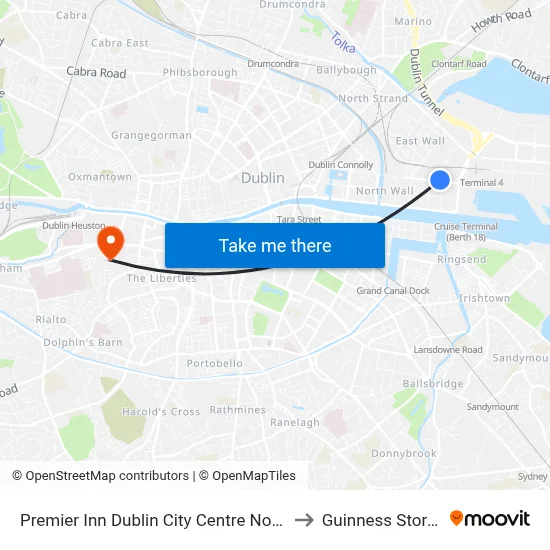 Premier Inn Dublin City Centre North Docklands to Guinness Storehouse map