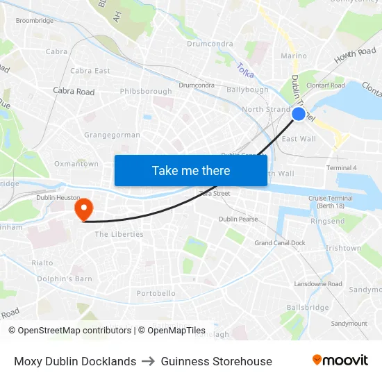Moxy Dublin Docklands to Guinness Storehouse map