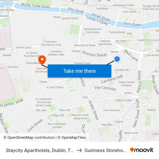 Staycity Aparthotels, Dublin, Tivoli to Guinness Storehouse map