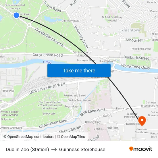 Dublin Zoo (Station) to Guinness Storehouse map