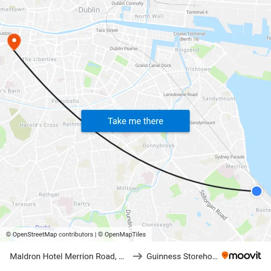 Maldron Hotel Merrion Road, Dublin to Guinness Storehouse map