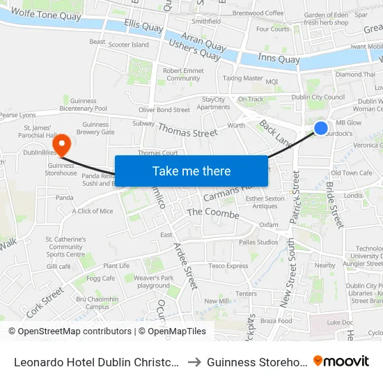 Leonardo Hotel Dublin Christchurch to Guinness Storehouse map