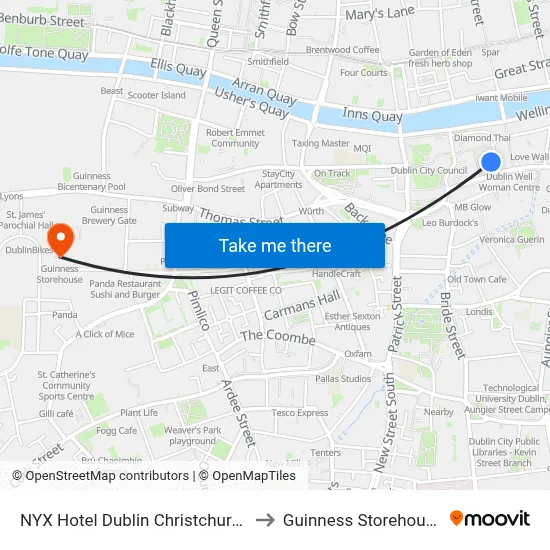 NYX Hotel Dublin Christchurch to Guinness Storehouse map
