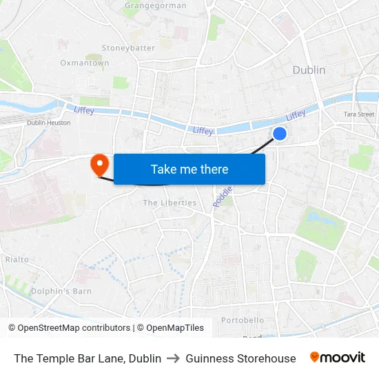 The Temple Bar Lane, Dublin to Guinness Storehouse map