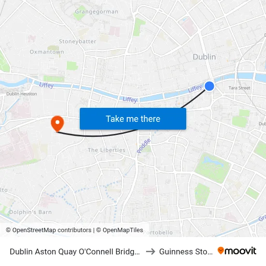 Dublin Aston Quay O'Connell Bridge and Temple Bar to Guinness Storehouse map