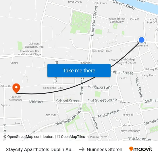 Staycity Aparthotels Dublin Augustine to Guinness Storehouse map