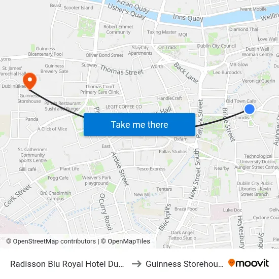 Radisson Blu Royal Hotel Dublin to Guinness Storehouse map