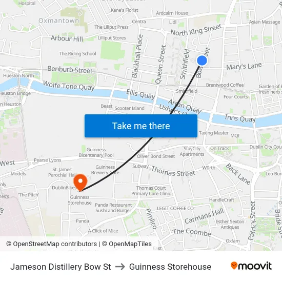 Jameson Distillery Bow St to Guinness Storehouse map