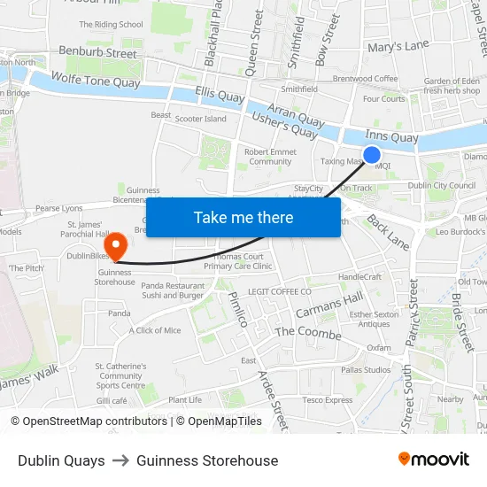 Dublin Quays to Guinness Storehouse map