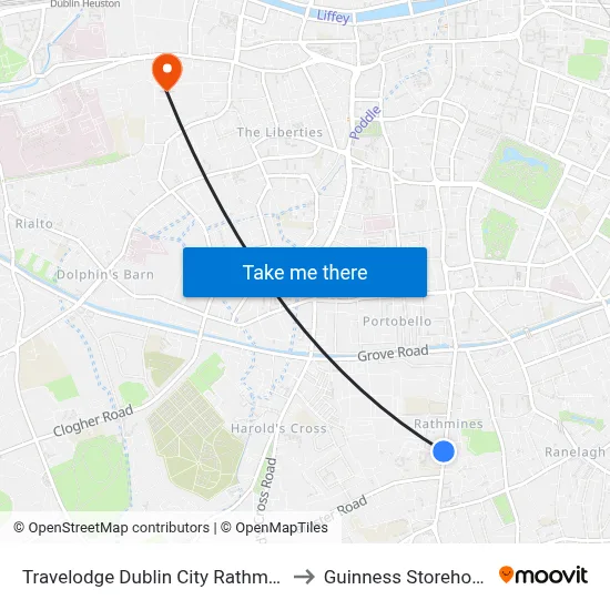 Travelodge Dublin City Rathmines to Guinness Storehouse map