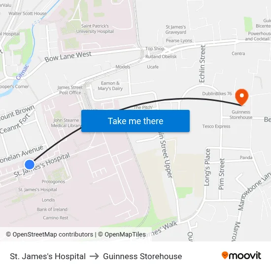St. James's Hospital to Guinness Storehouse map