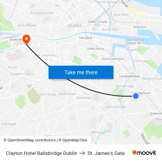Clayton Hotel Ballsbridge Dublin to St. James's Gate map
