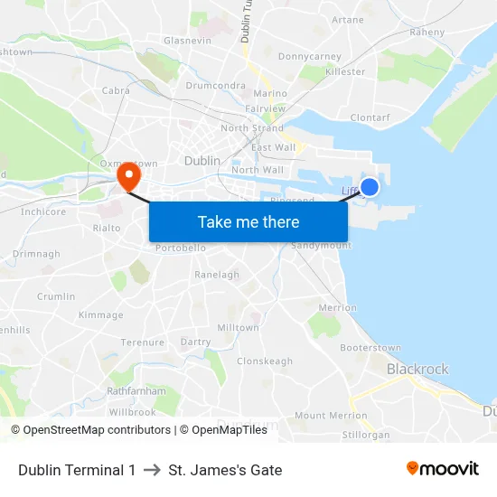 Dublin Terminal 1 to St. James's Gate map