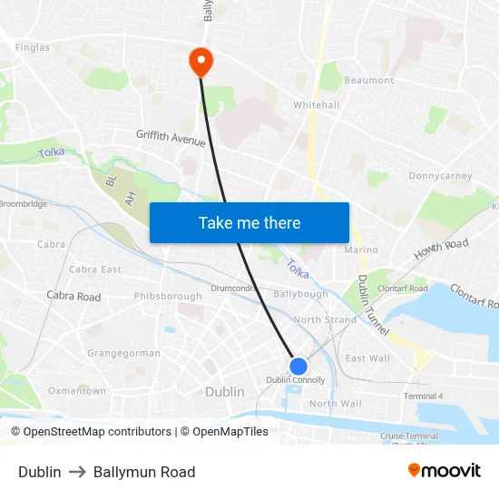 Dublin to Ballymun Road map