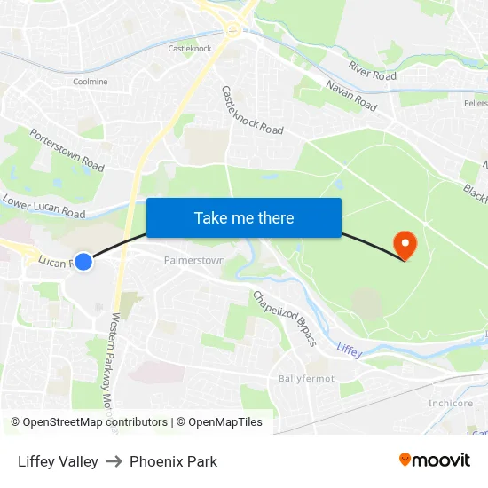 Liffey Valley to Phoenix Park map