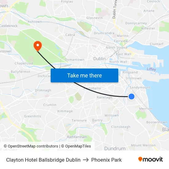 Clayton Hotel Ballsbridge Dublin to Phoenix Park map