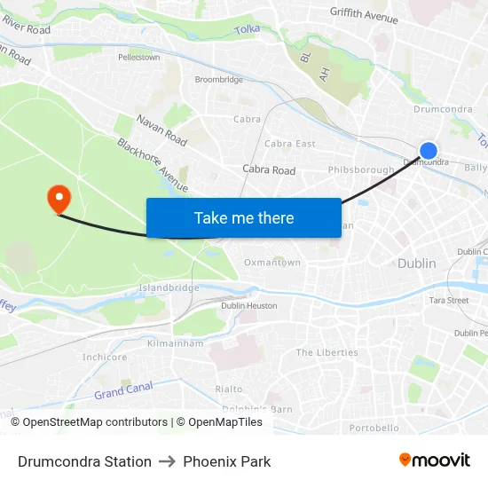 Drumcondra Station to Phoenix Park map