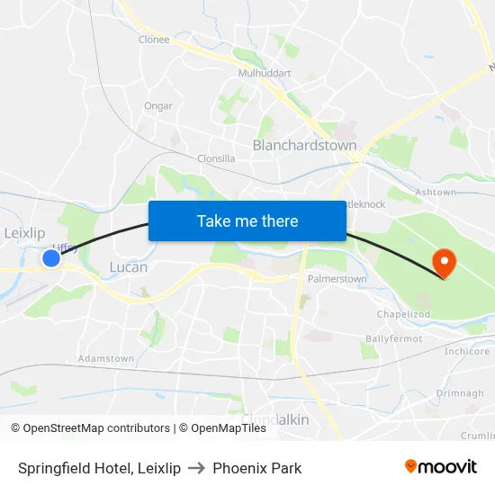 Springfield Hotel, Leixlip to Phoenix Park map