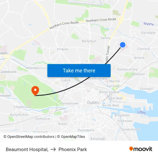 Beaumont Hospital, to Phoenix Park map