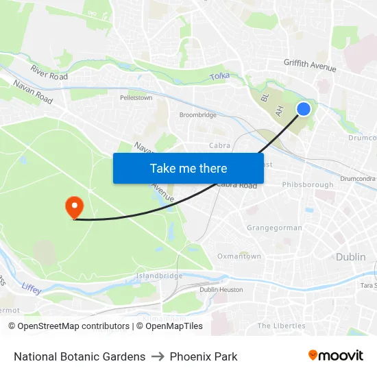 National Botanic Gardens to Phoenix Park map