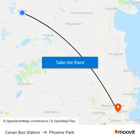 Cavan Bus Station to Phoenix Park map